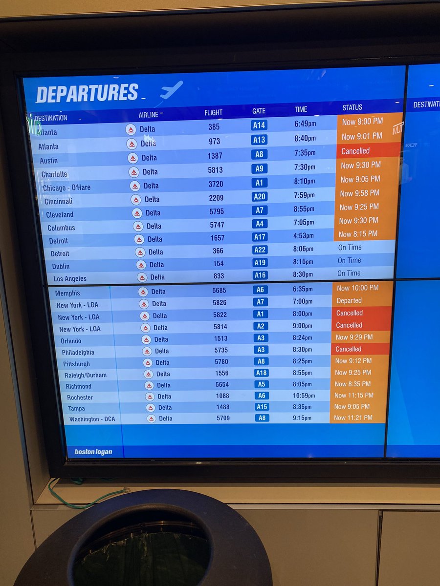 BLorentzFL's tweet photo. Come on @Delta - cancelled flight on the way to vacation last week and a lost bag. The trip home is now delayed as well. 21 out of 24 flights this evening from BOS are cancelled or delayed?? This wasn’t worth the 90,000 miles for sure #DeltaDown https://t.co/X5cDfRcIhP