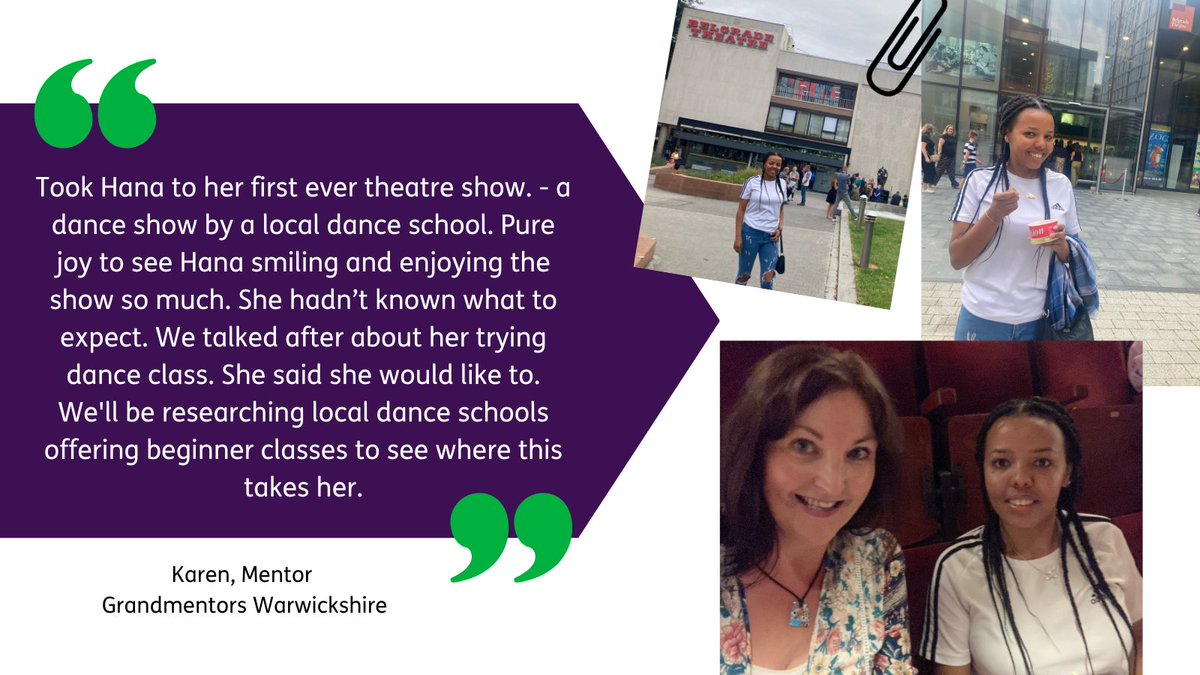 Sometimes we all need a break...and what better way than to immerse yourself in a brilliant dance show at the local theatre! 😃 Here is our mentor Karen treating her mentee Hana to exactly that on #RefugeeWeek 💃
#Grandmentors
#Warwickshire
#Coventry
#mentoring #mentalhealth