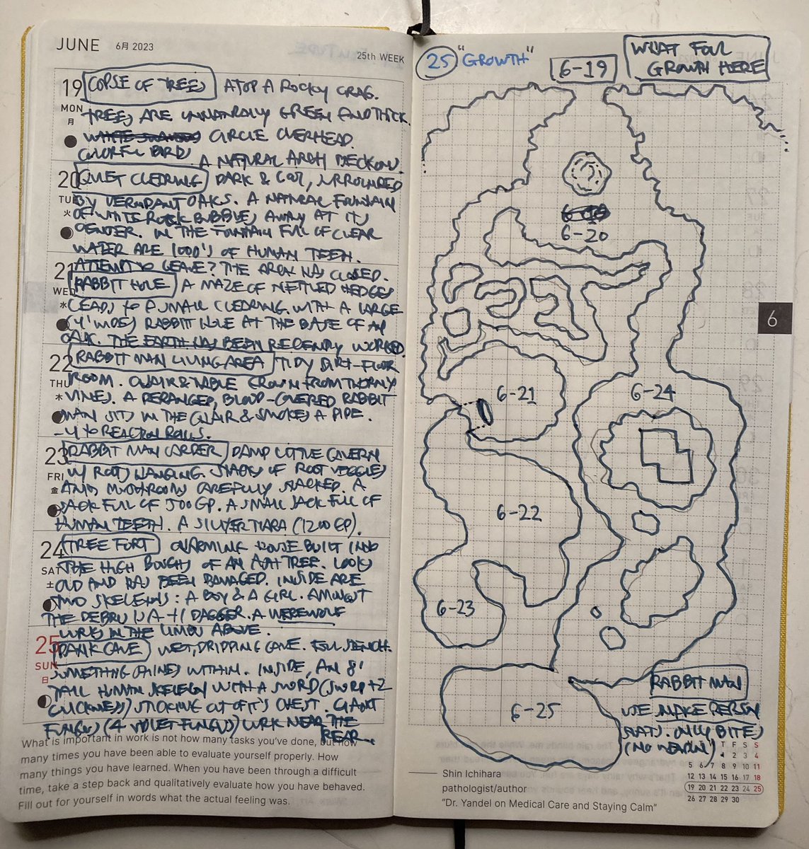 Week 27 of #dungeon23 - atop a rocky crag, a copse of trees grows unnaturally green. Old growth forest forms thorny passages into a dark wood. What lurks here and what remnants of the past still remain?