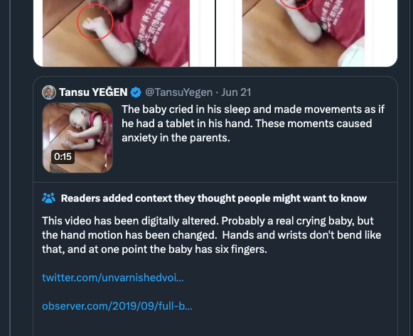 CDisillusion's tweet photo. This community note is useless. Conjecture is not context. The link is to a superficial article about deepfakes from 2019. The subject in the vid is not a baby but a toddler. At no point does it look like he has 6 fingers. The whole idea that this video was faked is silly. (1/2) https://t.co/ft4bT9Stw7