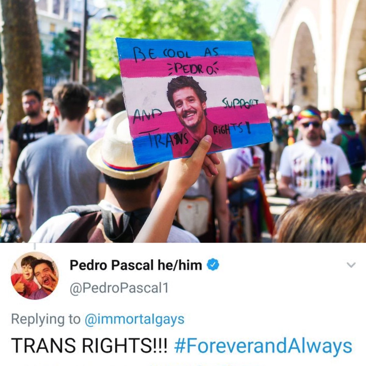 Não podia faltar! 
Pedro Pascal foi relembrado nas paradas LGBTQIA+ que aconteceram pelo mundo nesse domingo.

'Seja tão legal quanto o Pedro e apoie os direitos de pessoas trans', escreveu um fã. E temos a paz da certeza de que ele está do nosso lado, #ForeverandAlways. 🏳️‍⚧️🏳️‍🌈