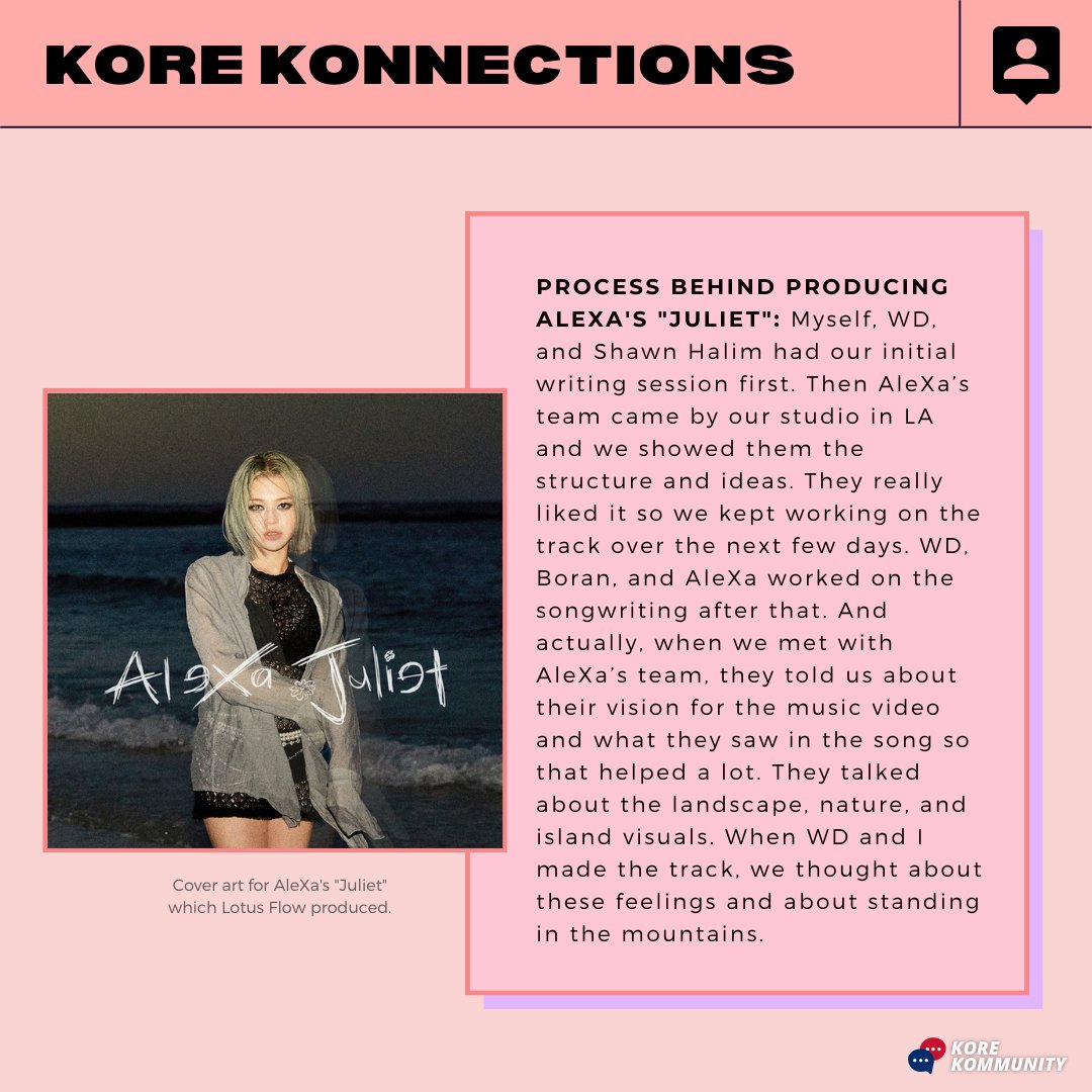 korekommunity's tweet photo. @prodbylotusflow is a producer behind #Kpop idol @AleXa_ZB's newest single “Juliet” - a sorrowful song that shows #AITroopers a different side of #AleXa and references Shakespeare’s Romeo and Juliet 🪷

#alexakpop #kpopdaebak #divestudios #zblabel #kpopmusic #koreanmusic (Pt. 1) https://t.co/9RMRabGU8P