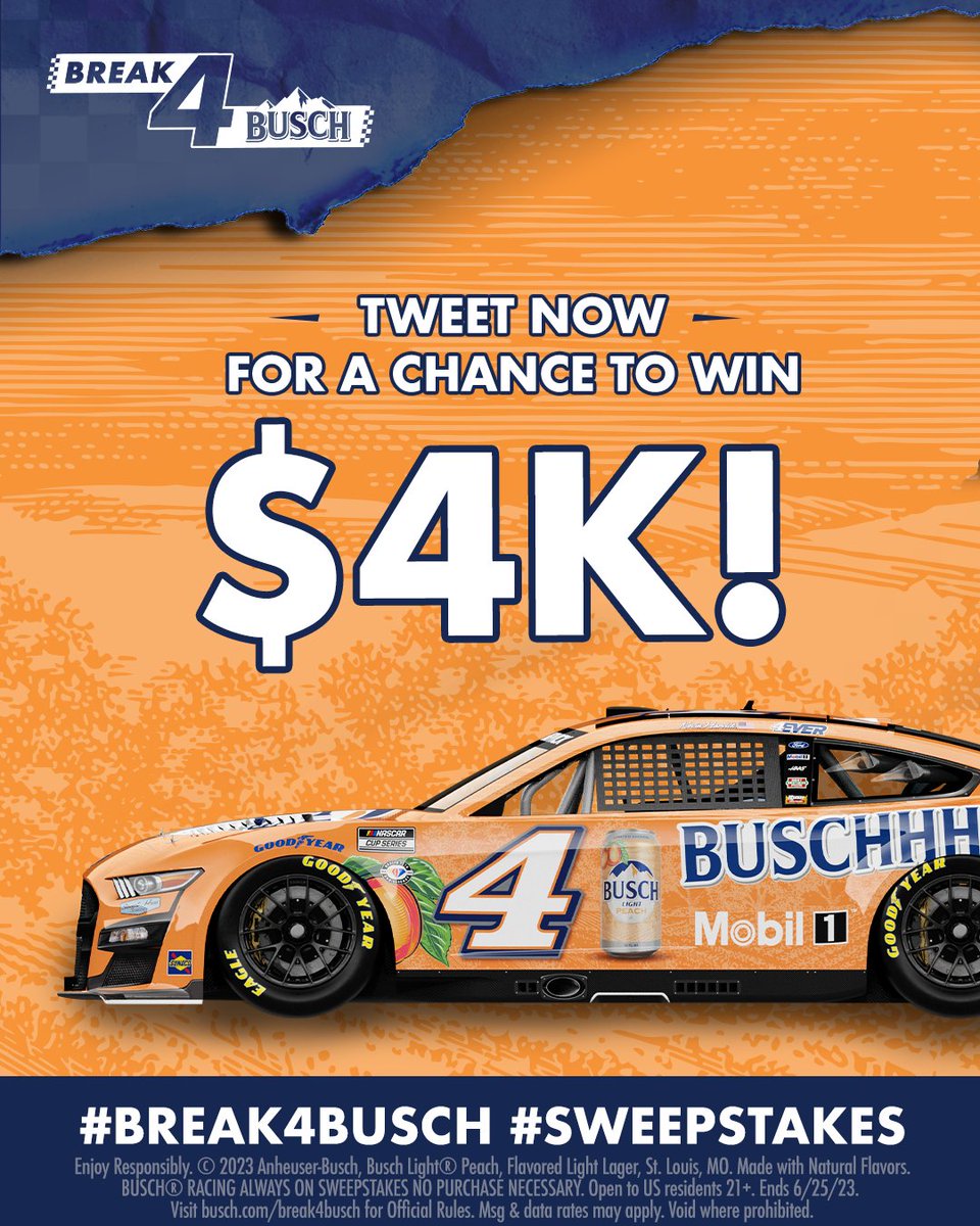 We’re heading into the final stretch of the #Ally400!​

Enter for the chance to get $4K on us by tweeting #Break4Busch #Sweepstakes NOW! 🤑