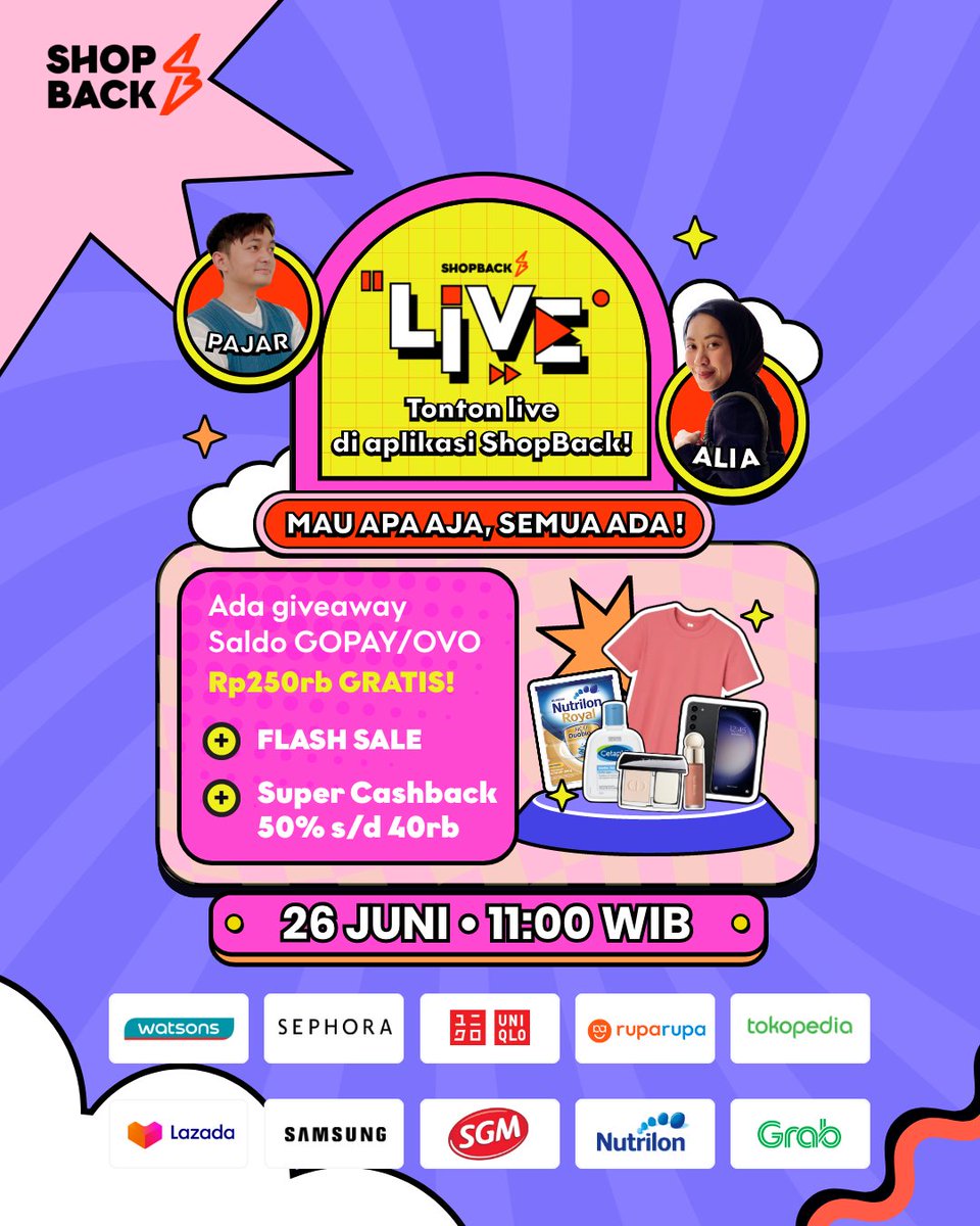 HARI INI! Ada promo FLASH SALE buat kamu + giveaway saldo Gopay/OVO 250RIBU GRATIISSSS buat yang nonton livestream!😃

Ada juga Super Cashback 50% s/d 40ribu, voucher GRABFOOD, GRABGIFT dan Watsons GRATIS

Nonton lewat sini ya --> app.shopback.com/SBHOMEPAGEIG23