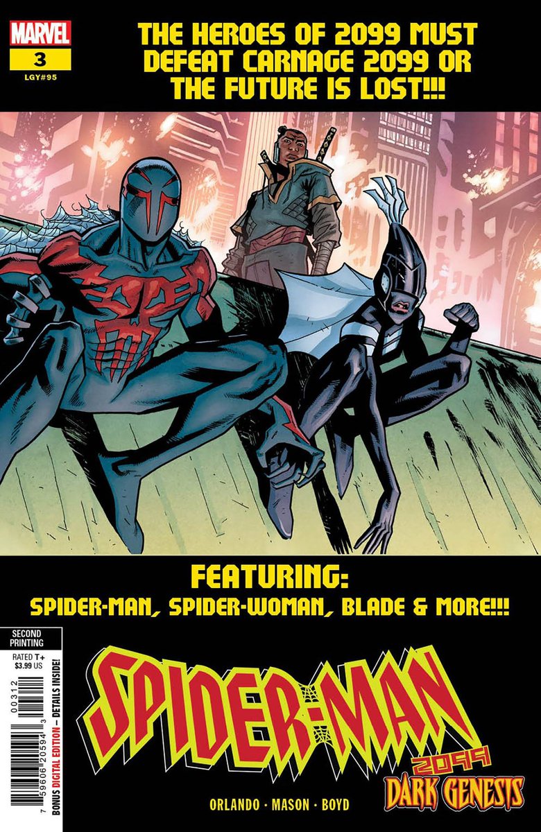 @ronmarz @AdamThanosPod @thorofficial @NicKlein @gronbekk @Guardians @JacksonLanzing @cpkelly @MChecC @Avengers @DerekLandy @jedmackay @Cfvillaart New ✨#MarvelCosmic✨ #comics this week for #NCBD (6/28/23)
✨
Spider-Man 2099 Dark Genesis #3 2nd printing cover by #JustinMason
✨
W-#SteveOrlando,A-#JustinMason
✨
#SpiderMan2099 #Punisher #SpiderMan #Punisher2099 #SpiderWoman #Blade #Marvel #MarvelComics
