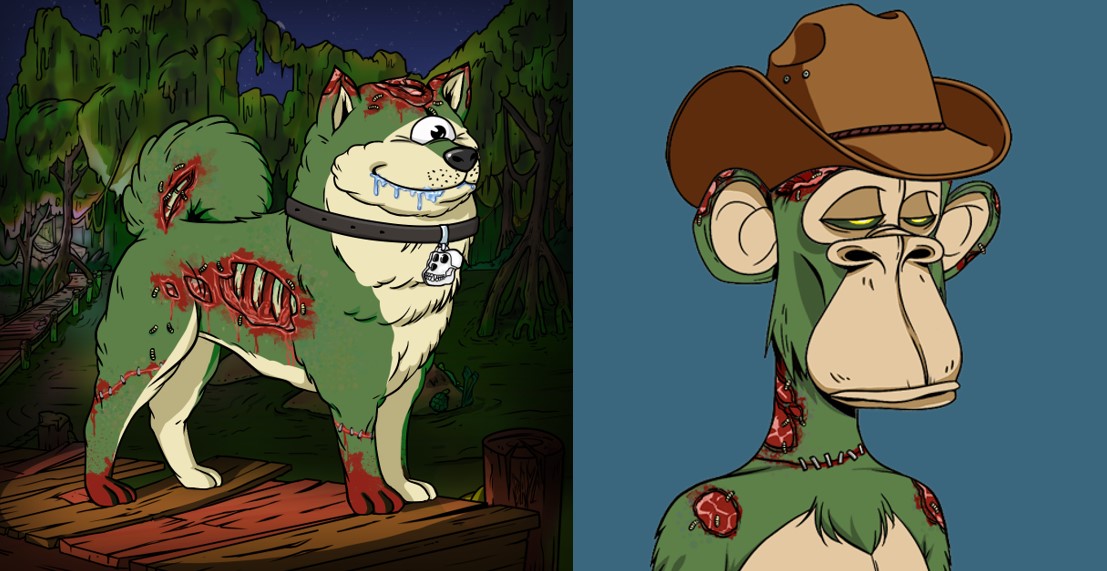 My poor dog was getting bored so I saved up my pennies and bought him his own Bored Ape to play with. Aren't they a nice match?