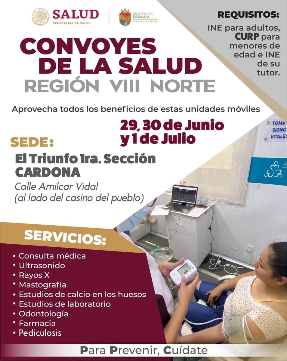 En Chiapas seguimos trabajando para acercarte los servicios de salud totalmente gratuitos, con la más alta tecnología y personal capacitado. Los invito para que se ubiquen las sedes donde estarán ubicados los convoyes de la salud en los próximos días.
