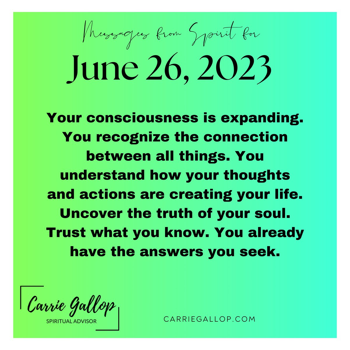 Messages From Spirit for June 26, 2023 ✨

#Daily #Guidance #Message #MessagesFromSpirit #June26 #Consciousness #Expanding #Recognize #Connection #AllThings #Connected #Thoughts #Actions #Create #Life #Manifesting #CoCreation #CreateYourLife #Uncover #Truth #Soul #Trust #Wisdom