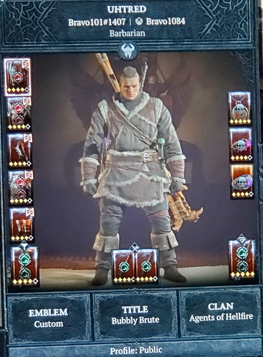 Check out my level 78 Barbarian Uhtred on Xbox! I'm hoping for a chance to win a custom PC! Though I probably have better odds at getting the rarest unique items in D4. 
#DiabloRTX + #DiabloSweepstakes