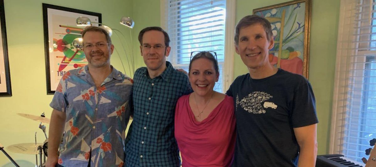 Rizabellepow's tweet photo. Tonight was our last show with this line up! Our drummer and band brother is moving to Delaware. 8 years with the three of us on the left. Welcomed new addition on the right. I shed some tears. We’ll miss you, David! #thethreadsdc https://t.co/eWLy3ZpjVr
