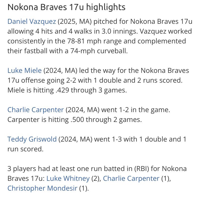 17u Nokona Braves G3 highlights <a href="/PerfectGameUSA/">Perfect Game USA</a> WWBA:  ‘25 Danny Vasquez - ‘24 <a href="/LukeMiele/">Luke Miele</a> 2-2 -‘24 Charlie Caroenter - ‘24 Teddy Griswold 2B R - ‘24 <a href="/LukeWhitney1/">Luke Whitney</a> 2RBI - ‘24 <a href="/chris_mondesir2/">Christopher Mondesir</a> RBI #nokona