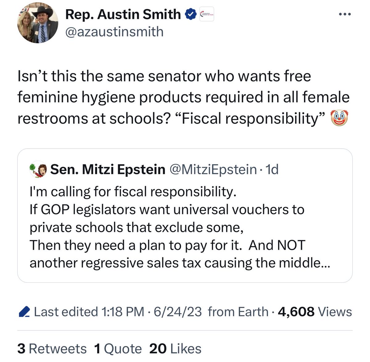 These bro idiots are big mad because the #AZLeg passed funding for menstrual products in schools this year. Dudes— we bleed. Monthly. A lot. And not everyone has a caring or able adult to purchase pads/tampons. School nurses buy them out of pocket. Fighting this is insane.