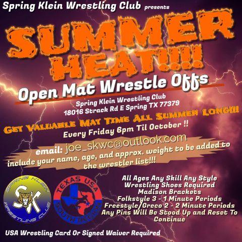 WrestlingSk's tweet photo. 🔥🔥🔥Every Friday till October!! A great opportunity to get some live mat time over the summer!! This is free to all wrestlers. Please contact joe_skwc@outlook.com to RSVP #SpringKleinWrestling🐯 #TexasWrestling #Wrestling https://t.co/MbOdOuBo2m