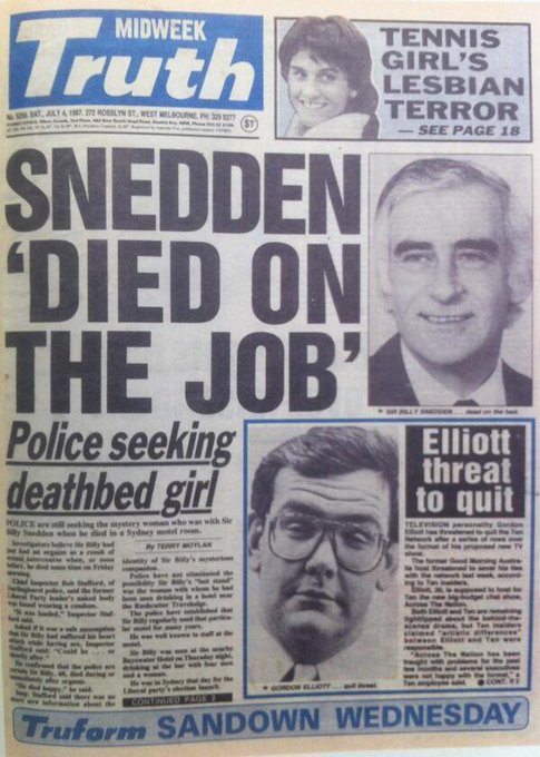 June 26, 1987: Former opposition leader and speaker Billy Snedden died of a heart attack at a Sydney hotel.