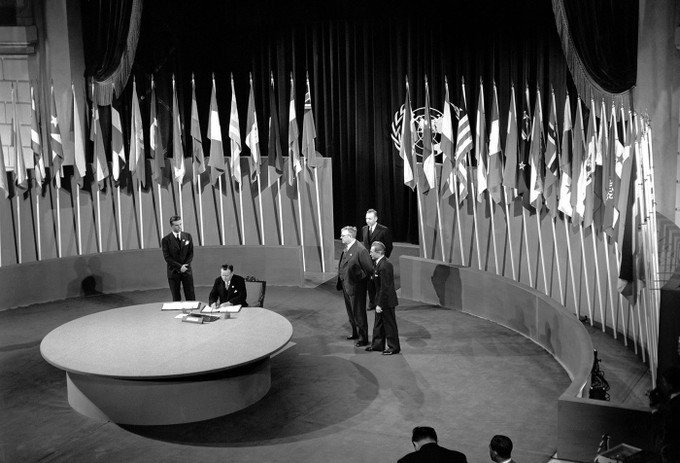 Deputy Prime Minister Frank Forde and External Affairs Minister HV Evatt signing the United Nations founding charter in San Francisco, June 26, 1945 [NAA]