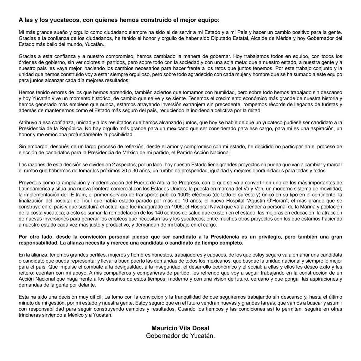 De cara a las elecciones de 2024, el gobernador de #Yucatan <a href="/MauVila/">Mauricio Vila</a> anuncia que no competirá por la candidatura de <a href="/AccionNacional/">Acción Nacional</a> 

Así que eso deja en la baraja a <a href="/XochitlGalvez/">Xóchitl Gálvez Ruiz</a> <a href="/SantiagoCreelM/">🇲🇽Santiago Creel</a> y <a href="/LillyTellez/">Lilly Téllez</a>