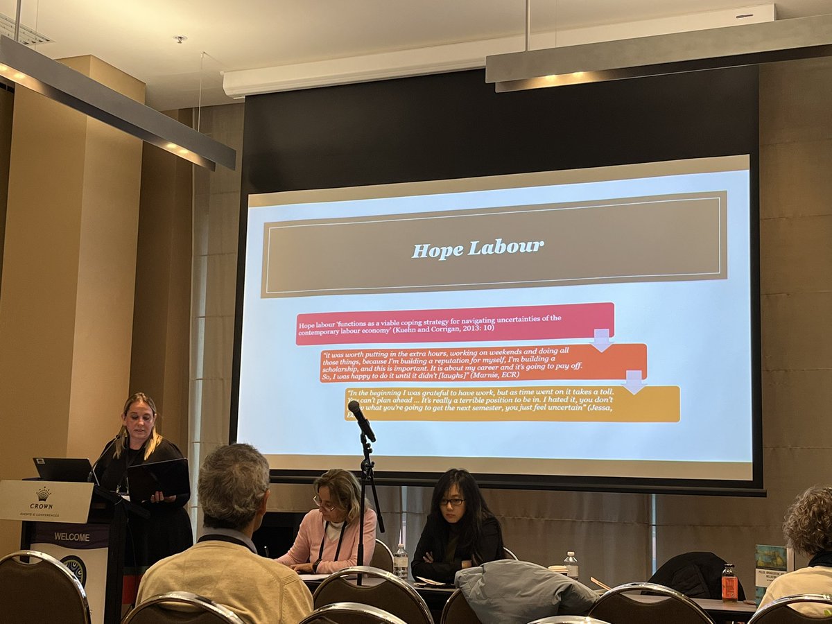 @NatiMayChulio on ‘hope labour’ in the University workforce. Precarity takes a toll due to uncertainty of ongoing work and exploitation, such as unpaid guest lectures. #ISAWCS23
