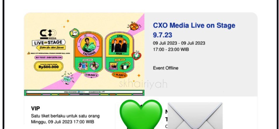 WTS 
Taeyong CXO event - 9 Juli 2023

VIP 2 tix 
DM for price

✅ nonton brg aku
✅ urus sampe tiket fisik
✅ Dp 100k biar ga hit n run, sisanya COD venue
✅ proof by WA
✅ no scam, serious buyer only🙏

wts wtb wtt want to sale

#TAEYONG #TaeyongCXO #TAEYONG_SHALALA #NCT127