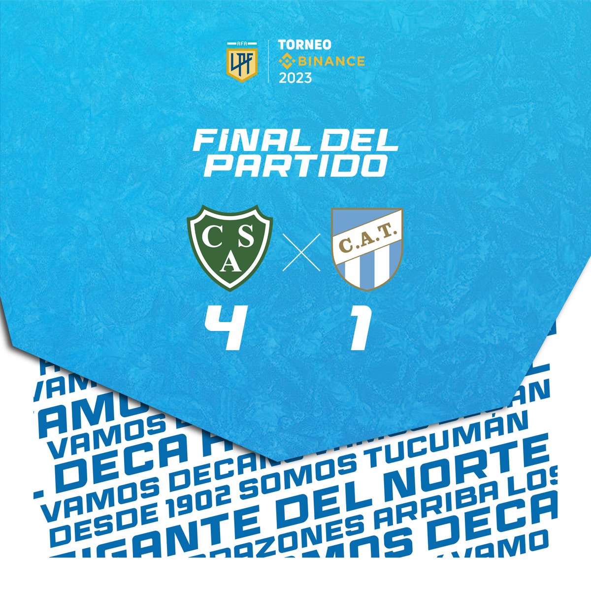 ATOficial's tweet photo. #TorneoBinance

🔚 Final del partido.

⚽️ #Sarmiento 4 (Quiroga -2-, Melano y Díaz) - #AtléticoTucumán 1 (Coronel)

👊 #VamosDecano 💙🤍 https://t.co/cple5ZOdg2