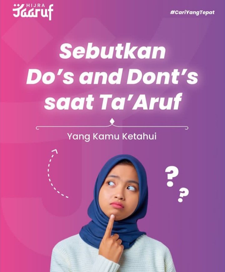 Buat kamu yang mau melakukan Ta’aruf wajib tahu dulu apa saja Do’s and Don’ts saat ta’aruf. 

Coba yang sudah tahu bisa langsung komen di bawah ya! 

#indonesiatanpapacaran #tausiyahcinta #hijrahyuk #hijrahcinta #cintasejati #akhwat #taarufnikah #nikah #jomblo #beranihijrah