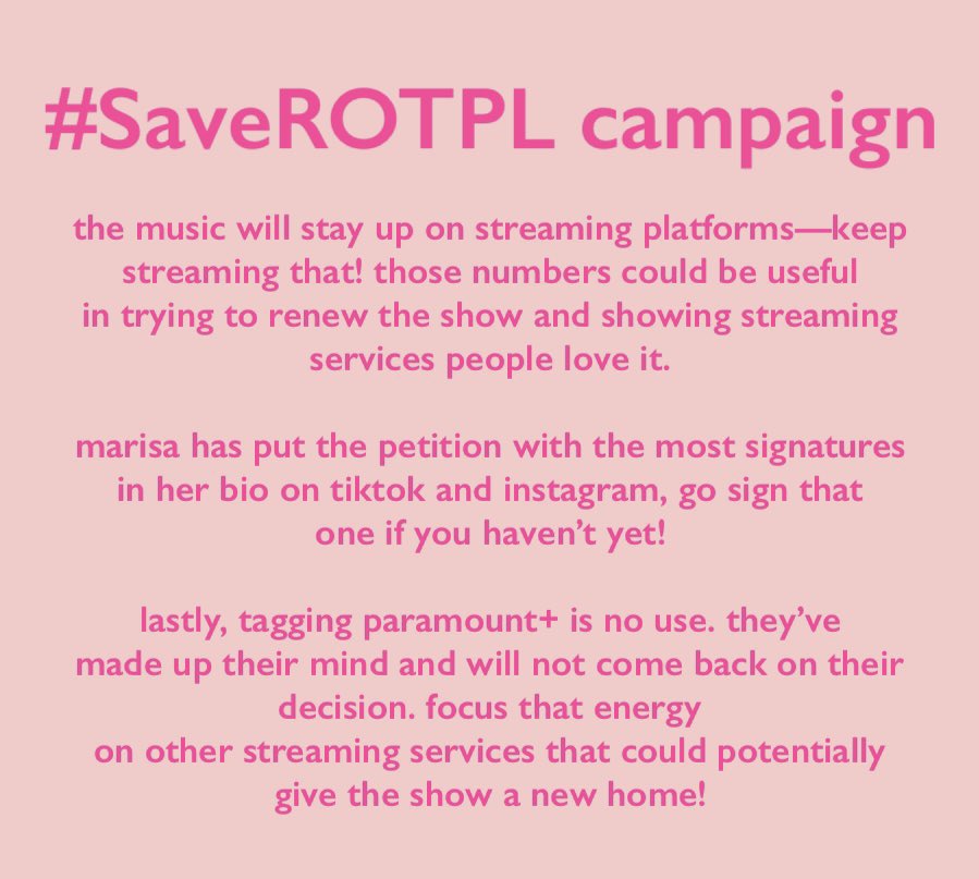 madison and marisa have reminded everyone of some actions to take to help find a new home for the show, i’ve listed them here! keep tweeting, keep making edits and ask streaming services to save the show directly by tagging them or reaching out through their website! #SaveROTPL