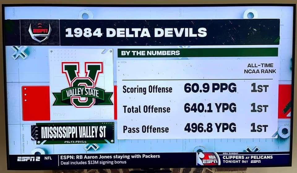 The 1984 Mississippi Valley St Delta Devils records will stand for a very long time if not forever. Their two losses they scored a combined 47 points.

Jerry Rice records/awards
Division I-AA record, most receptions (112)

Division I-AA record, most receiving yards (1,845)