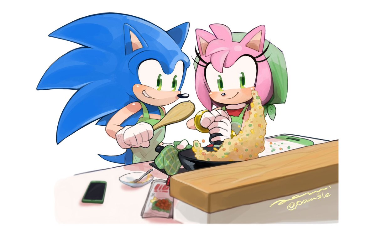 By @./pam3le
Sonic and Amy Cooking together Fried Rice 🍚 
Repost of comm