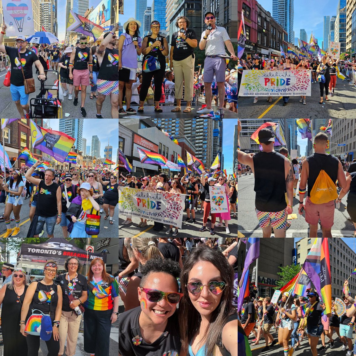 #OSSTF/FEESO members marching in the @pridetoronto parade to celebrate the #2slgbtqia community, but more importantly, to be visible & push back against increased hate. Everyone has the right to have a safe & inclusive life. #Pride2023 #pridemonth #2slgbtqbelonging #OntEd