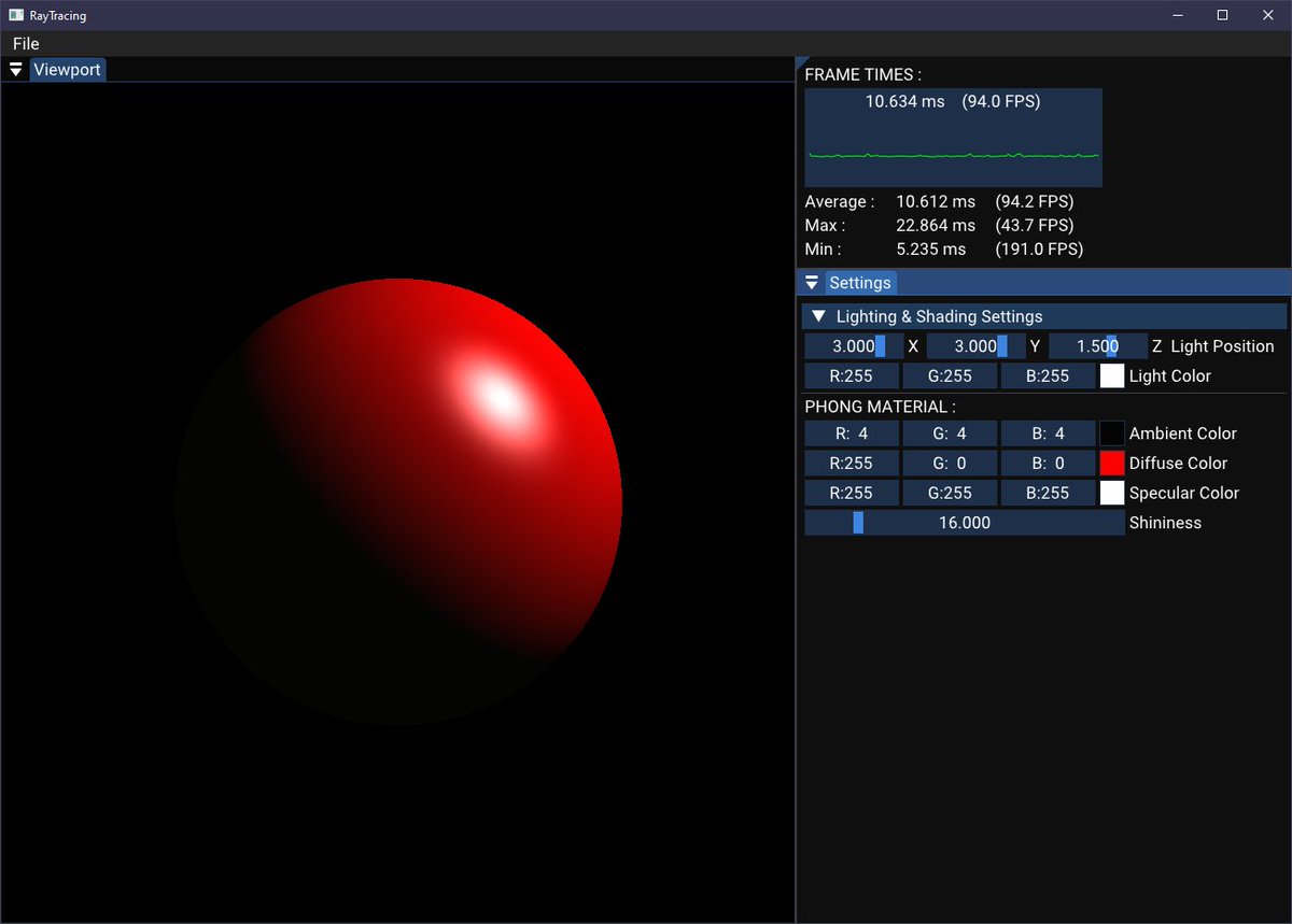 AlanParadis_'s tweet photo. Day 1: Diving into #RayTracingInOneWeekend and the thrill is real! Built my first CPU raytraced sphere with dynamic Phong lighting. I'm really excited to expand on this 🖥️💡#CodingJourney #RayTracing #graphicsprogramming https://t.co/FNGcIEmQkr