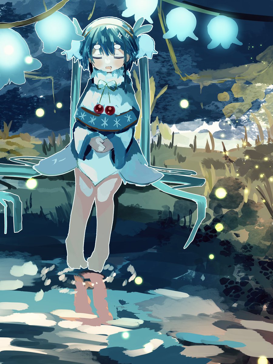 hatsune miku ,yuki miku 1girl lily of the valley closed eyes sitting twintails long hair solo  illustration images