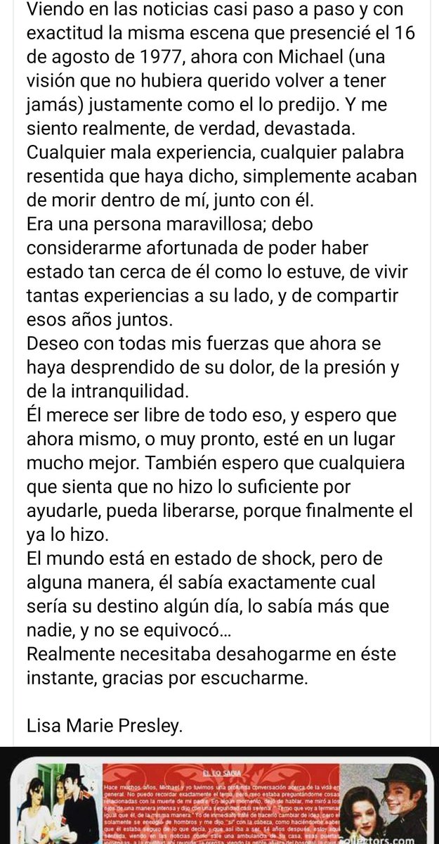 Un dia después a la muerte de #MichaelJackson , #LisaMariePresley , en su blog personal,  escribió una carta sobre él titulada 'El lo sabía ', contando algunas cosas sorprendentes y admitiendo lo desvastada que la había dejado la muerte de Michael.  💔😭