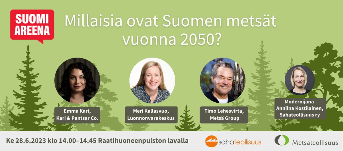 Metsäteollisuus (@metsateollisuus) on Twitter photo Puuta jalostava teollisuus vahvasti esillä kesän #SuomiAreena´ssa. Millaisia ovat Suomen metsät vuonna 2050 -paneelissa mukana <a href="/merikallas/">Meri Kallasvuo</a>,
<a href="/EmmaKari/">Emma Kari</a> ja <a href="/timolehesvirta/">Timo Lehesvirta</a>. Tule kuuntelemaan Raatihuonen puiston lavalle 28.6. klo 14! #monimuotoisuus #metsät
<a href="/SuomiAreena/">SuomiAreena</a> Puuta jalostava teollisuus vahvasti esillä kesän #SuomiAreena´ssa. Millaisia ovat Suomen metsät vuonna 2050 -paneelissa mukana <a href="/merikallas/">Meri Kallasvuo</a>,
<a href="/EmmaKari/">Emma Kari</a> ja <a href="/timolehesvirta/">Timo Lehesvirta</a>. Tule kuuntelemaan Raatihuonen puiston lavalle 28.6. klo 14! #monimuotoisuus #metsät
<a href="/SuomiAreena/">SuomiAreena</a>