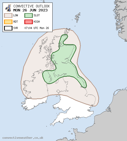 MON 26 JUN 2023: convectiveweather.co.uk/forecast.php?d… The main focus is NE Scotland, but a few odd sporadic strikes may be possible elsewhere from scattered showers