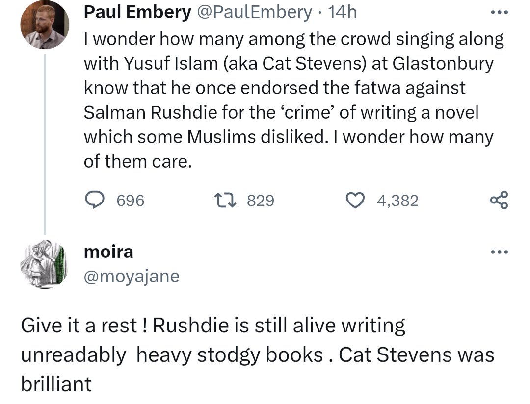 Incredible reply, 'how is Rushdie cancelled of the attempted murder didn't even work?'