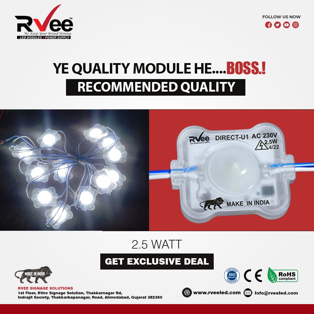 Get a Exclusive Output Of Brightness for Glow Signboard  with RVEE LED Modules.

#impactfulresults

When Your Customers Says :) Do you have Cheap LED Modules with Quality.??

Answer Them : YE QUALITY MODULE HE BOSS.!