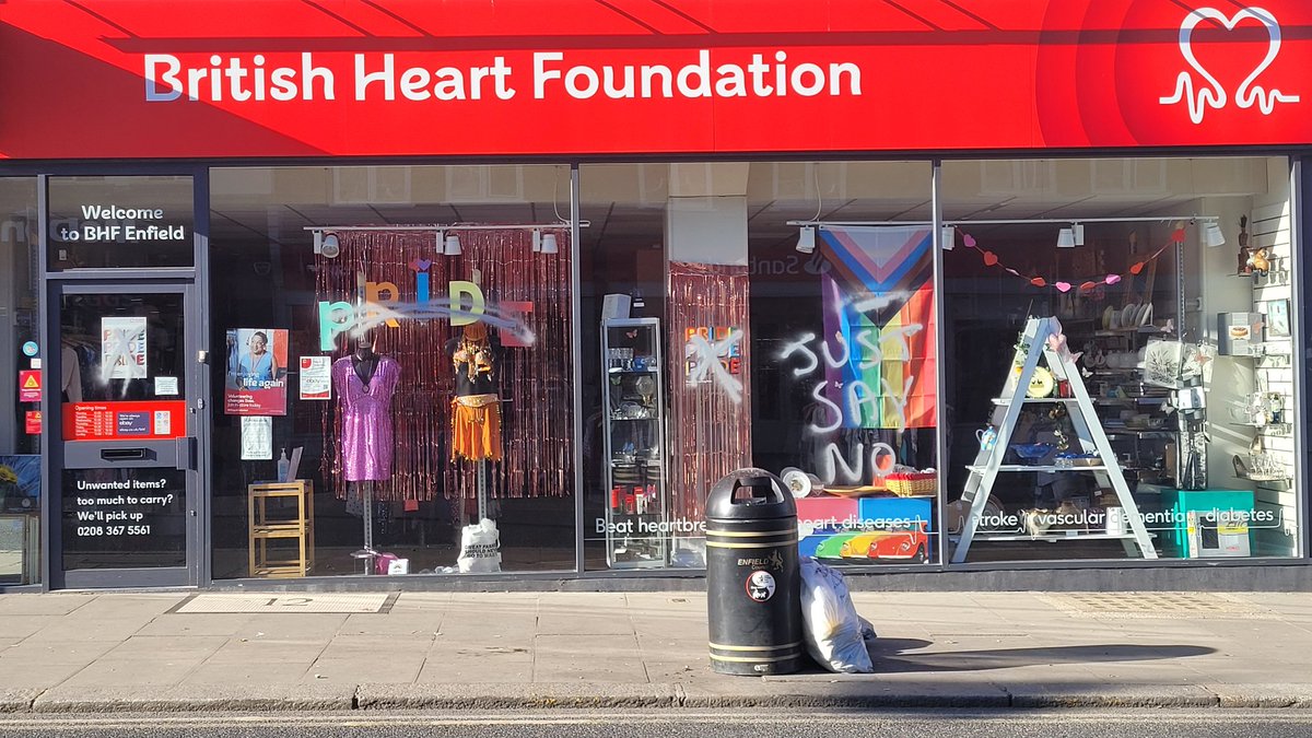 Our local <a href="/TheBHF/">British Heart Foundation</a> shop has had its Pride display vandalised. It is truly hard times for LGBTQ+ people. Donating to BHF and will be contacting store direct to thank them for their support.