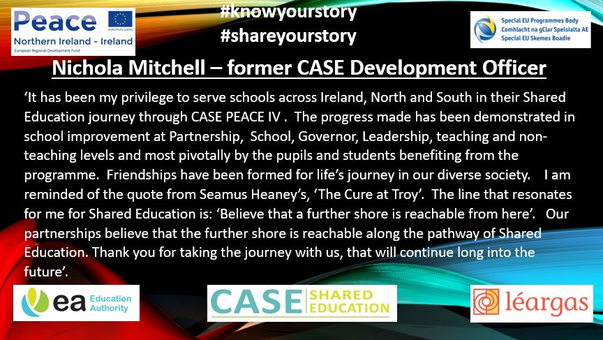 CASE - Shared Journeys 
     
#knowyourstory 
#shareyourstory 
#ownyourstory 
#valueyourstory 

#SharedEd

@SEUPB
@Ed_Authority
@Leargas
