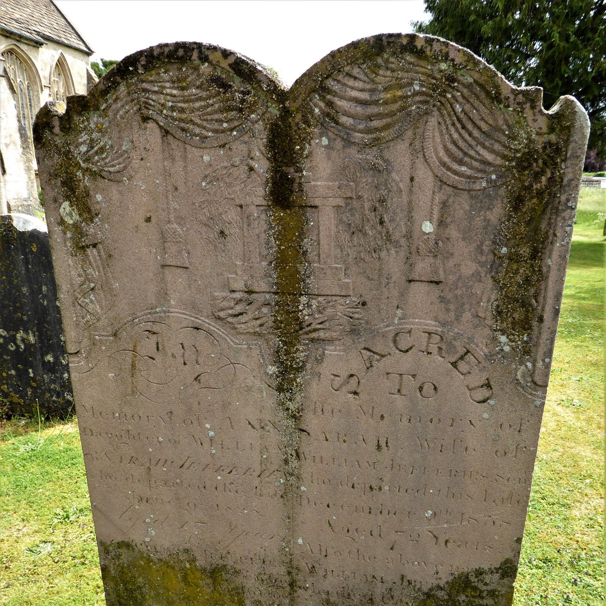 #MonumentsMonday in the churchyard in Marshfield in South Gloucestershire.  

The sunlight was 'wrong' when I visited this beautiful church - no raking light - but I can still see that these curtains are dreadfully creased.  Pass me a hot iron! 🔥

Also visible - lavish tassels.