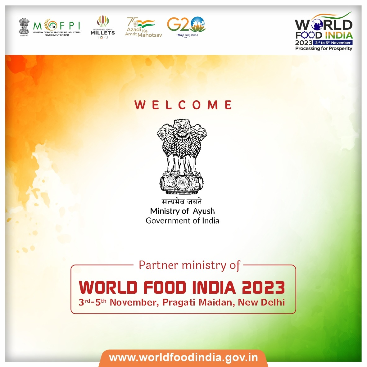 We extend a warm welcome to the Ministry of Ayush. Thank you for joining World Food India 2023 as ‘Partner Ministry’! 
@PMOIndia @g20org @AmritMahotsav @MOFPI_GOI @PashupatiParas @prahladspatel @ficci_india @investindia @AgriGoI @mygovindia @PIB_India @moayush…