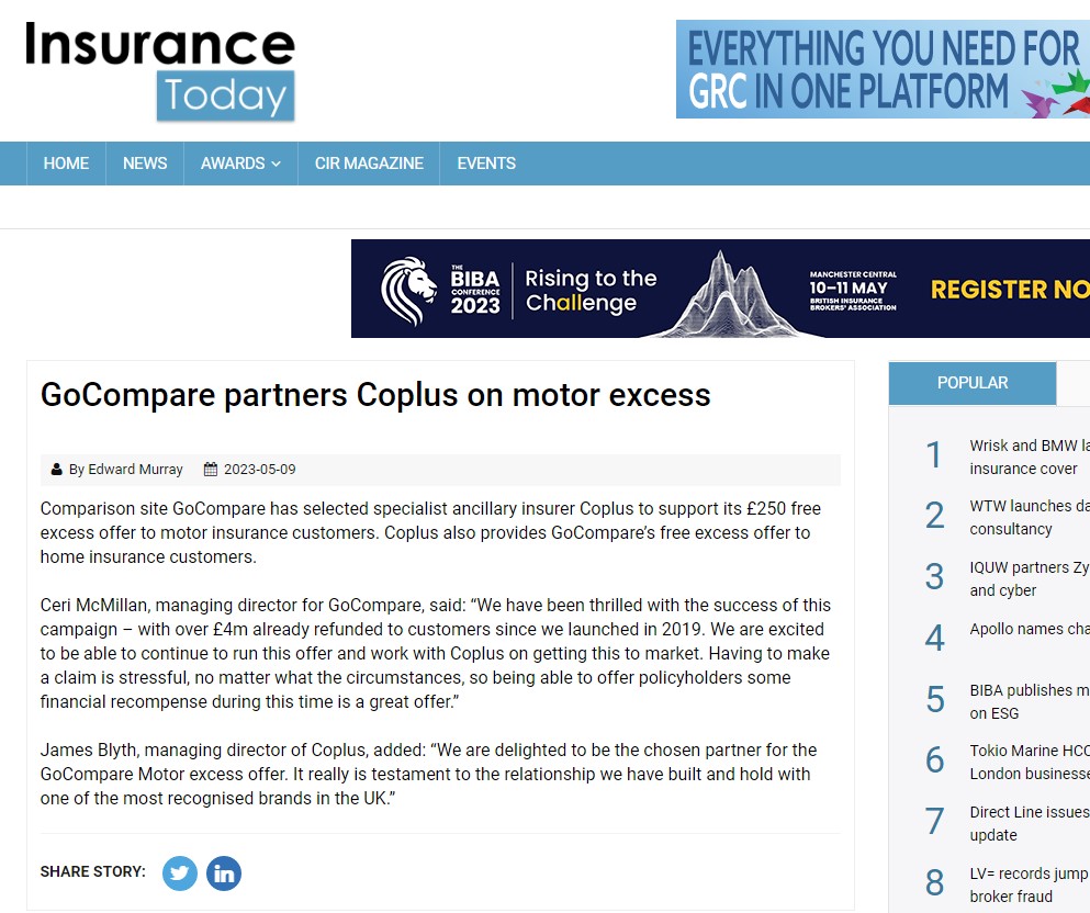 Go.Compare and our go-to-market tech YOUR SPACE and our ancillary product Excess Protect hit the headlines!