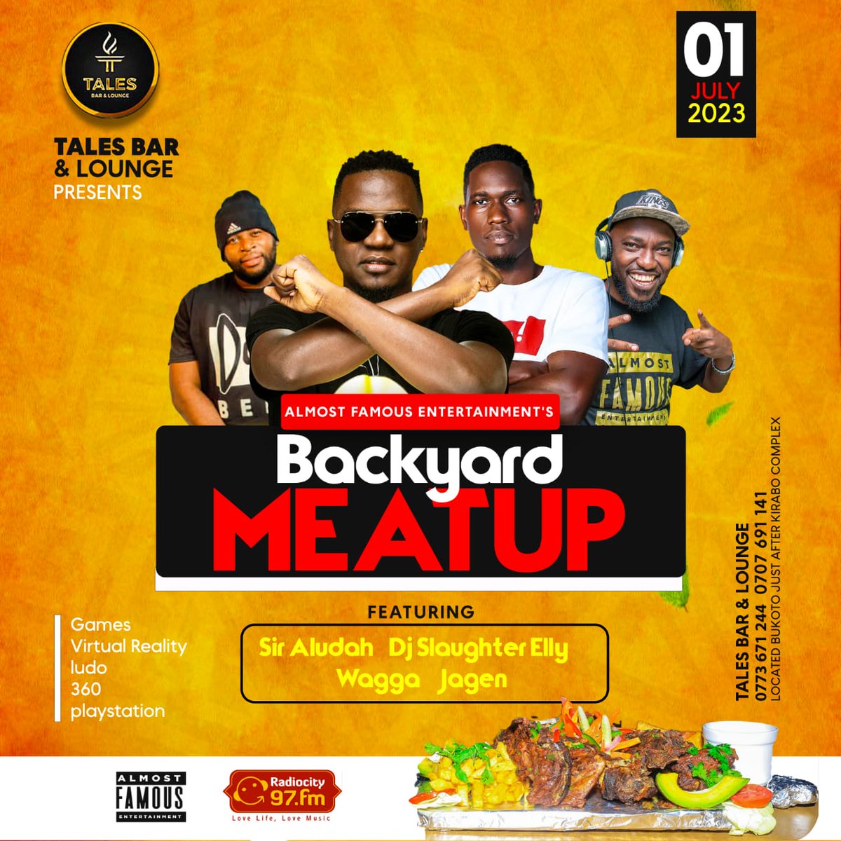 MadMudokolo's tweet photo. Join us for the #BackYardMeatUP at Tales Lounge Bukoto this Saturday, July 1st! 

🗓️ Music by @AlmostFamousUG, with guest performances by @djslaughterelly &amp; @DjAludah🎧

🎤 Early kickoff at 3pm, with Virtual Reality and PS5 competitions. 🎮 

All Beer at 5k with Free entry! #BYMU https://t.co/TDsKiVB9Hl