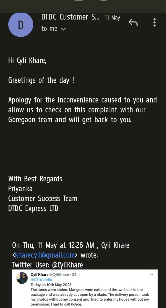 CyliKhare's tweet photo. This is absolutely shameful @DTDCIndia @DTDCMumbai .
After sharing every detail on mail, on Twitter msg, on what's app, i am receiving a mail, again asking for details. YOU HAVE NO VALUE FOR YOUR CUSTOMERS AND ACTUALLY YOU THINK WE ARE FOOLS. Your rep. doesn't pick up calls https://t.co/sLMtEWHXWl