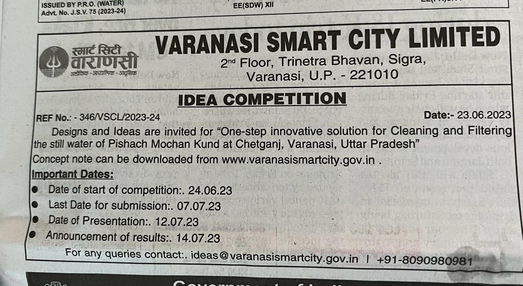 Designs & Ideas are invited for One-stop Innovative Solutions for Cleaning & Filtering the still water of Pishach Mochan Kund at #Varanasi by @SmartVaranasi. Concept note can be downloaded from varanasismartcity.gov.in @ChiefSecyUP @74_alok @PROVSCL @MoHUA_India @SmartCities_HUA
