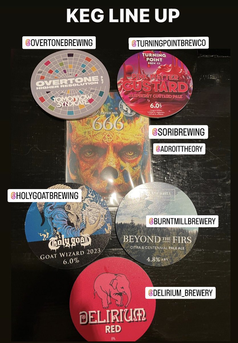 chequersmicro's tweet photo. Keg line up; Nearly gone @Overtonebrewing , New on @TurningPointbco , not much left of @SoriBrewing @AdroitTheory @holygoatbrewing @BurntMillBeer & @Deliriumbrewery #amazinglineup https://t.co/NCxQeDdBGS