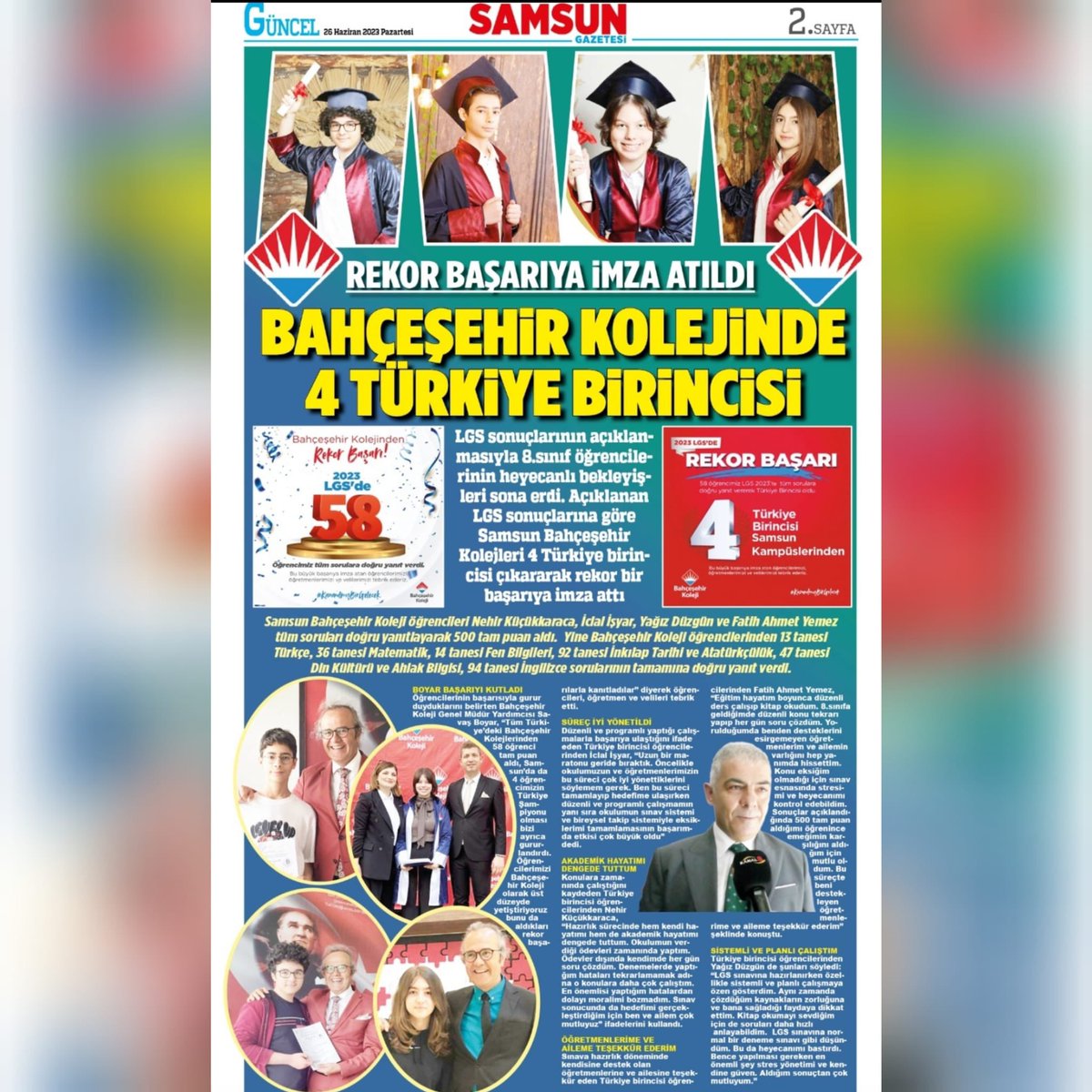 bhcshr_samlise's tweet photo. 2023 LGS sonuçlarına göre 4 Türkiye Birincisi çıkaran  Bahçeşehir Koleji Samsun Kampüslerimizin rekor başarısı basında geniş yer aldı.

(Samsun Gazetesi - Halk Gazetesi - Gerçek Gazetesi 26.06.2023)

#bahçeşehirkoleji 
#lgsdeTürkiyeRekoru https://t.co/xSQEMk8MtD