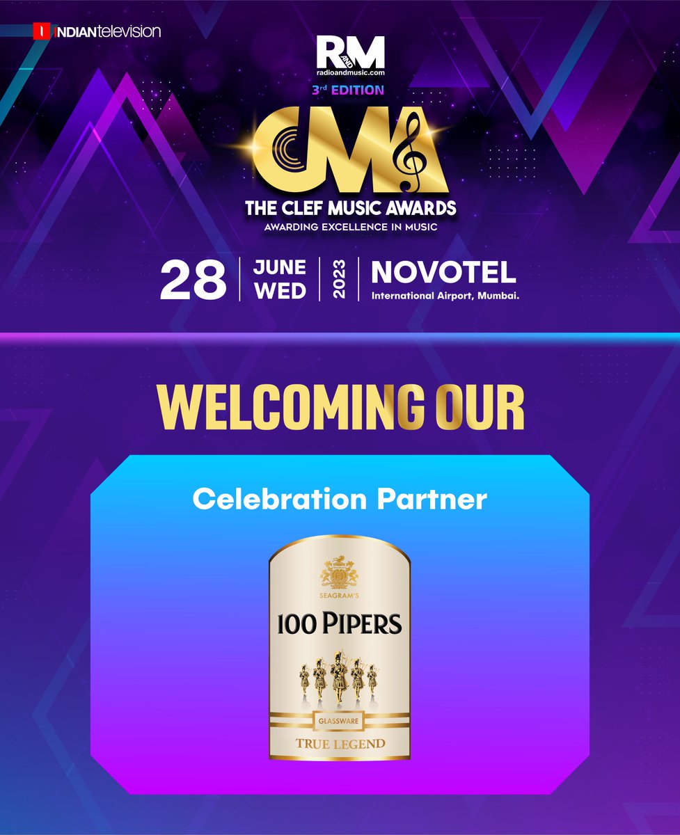 @100PipersIN ( @PernodRicardIn ) is onboard as our Celebration Partner for The Clef Music Awards 2023! @radioandmusic 

Date: 28 June 2023
Venue: Novotel International Airport, Mumbai

For More Info: radioandmusic.com/clefmusicaward…

#CMA2023 #ClefMusicAwards2023