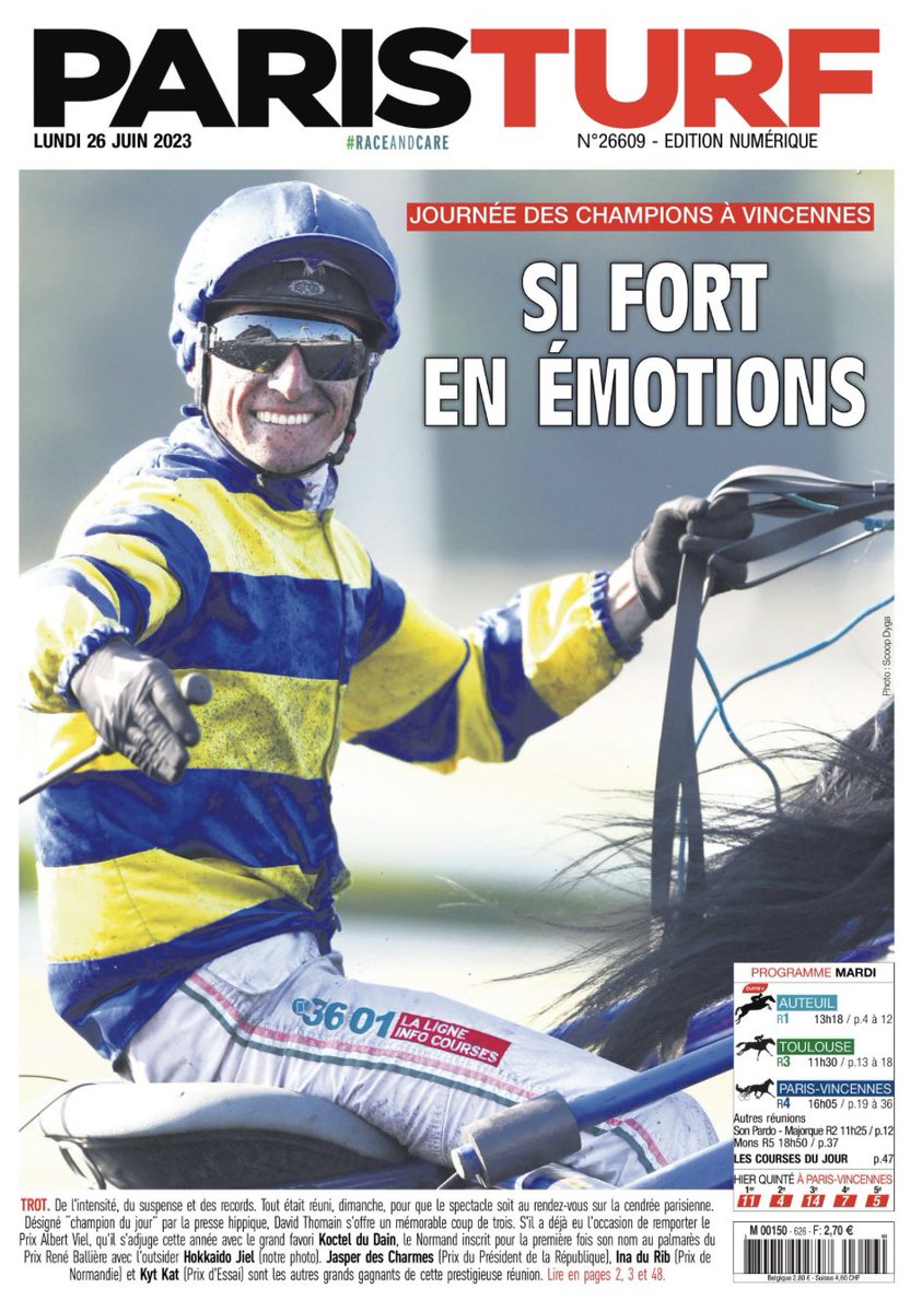 Paris_Turf's tweet photo. La Une du jour 🔥 https://t.co/Xxg9OmWSXW

➡️ Retour sur la Journée des Champions dimanche à @Vincennes_Hippo 🌟 https://t.co/kirgSDYgrL