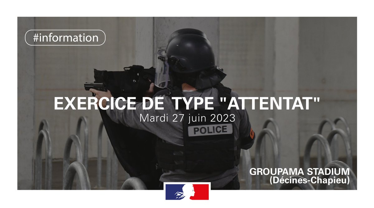 #RWC2023 | Afin de préparer au mieux les réponses opérationnelles des pouvoirs publics 🚔🚒🏥 face à une attaque terroriste lors d'un grand événement sportif, un exercice se tiendra au <a href="/GroupamaStadium/">Groupama Stadium</a> le 27 juin après-midi.

Pas d'inquiétude, il s'agit d'un EXERCICE.
1/2
