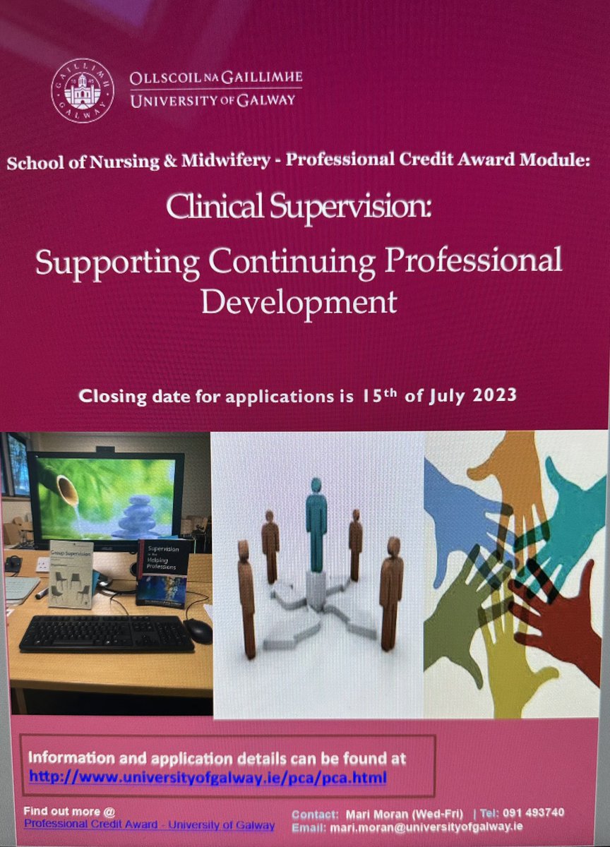 The application deadline for the clinical supervision module at University of Galway is extended to the 15th of July. Don't miss out on a great opportunity! @ciaran_cuddihy @bp2618 @louiselmurphy @nursemidwifeUoG @houghtoncath @CorinaLaffey @mcguinda @DrDuyguSezgin1