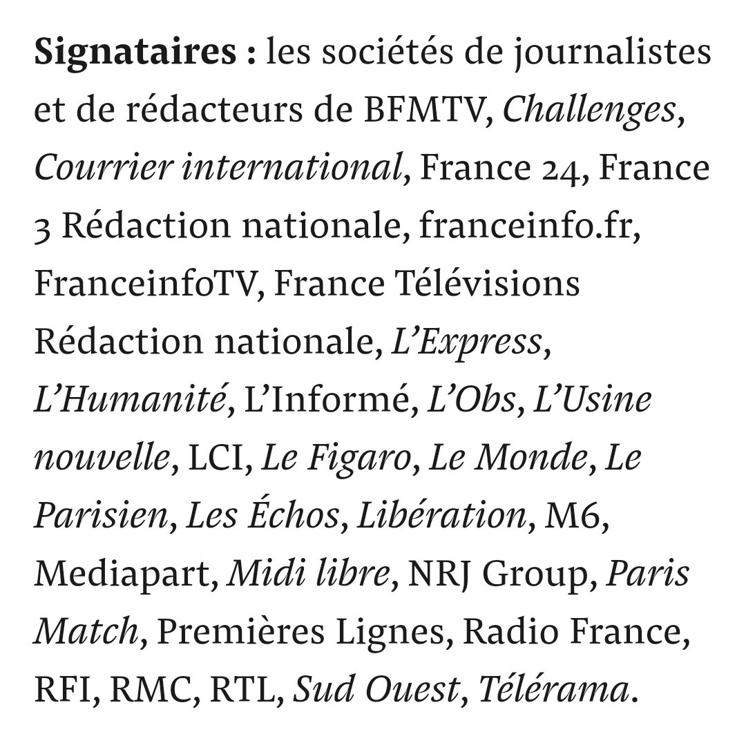 Trente sociétés de journalistes de gauche s'insurgent dans Mediapart contre la nomination d'un journaliste de droite à la tête du #JDD 
Il n'existe qu'un pluralisme : le leur, qui va de Mediapart au Monde. 
#GeoffroyLejeune #presse #LiberteExpression